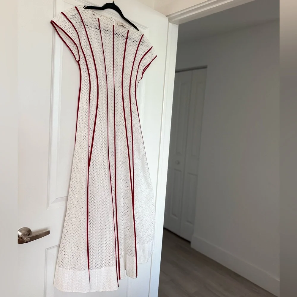 EUC Tory Burch White Eyelet Dress with Red Accents